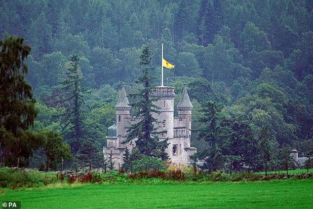 The Royal Banner of Scotland flying at half mast above Balmoral Castle following the announcement of the death of Queen Elizabeth, September 8, 2022