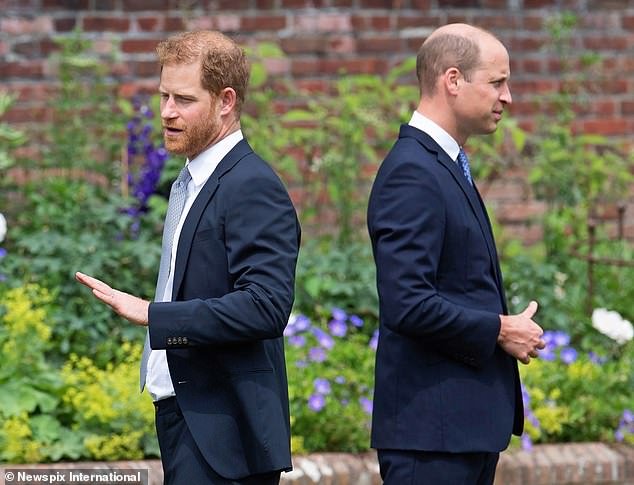 Prince Harry and Prince William at the unveiling of their mother's statue in the Sunken Garden at Kensington Palace on what would have been her 60th birthday