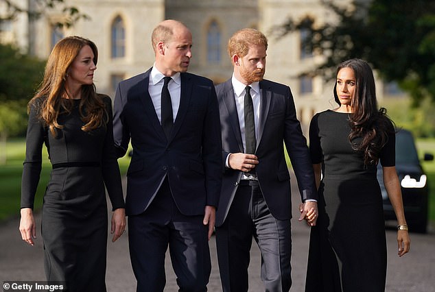 Kate, William, Harry and Meghan are pictured together at Windsor Castle in the days following the Queen's death at Balmoral Castle