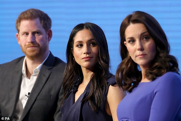 Prince Harry, Meghan and Princess Kate are pictured together at a Royal Foundation event in central London in 2017 - before a family fall-out involving Harry and brother William