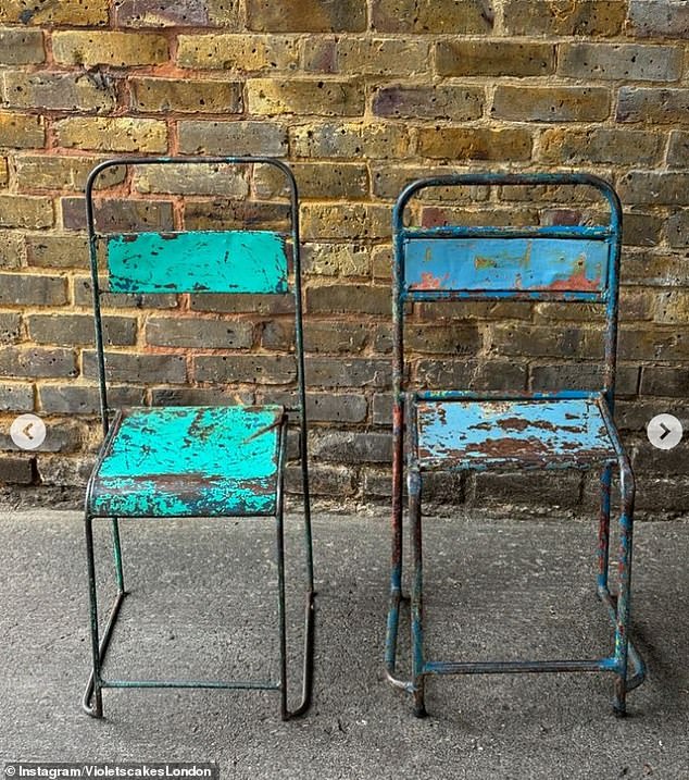 And these 'Indian Blue' bistro chairs are £100 for the pair by the bakery behind the Duke and Duchess of Sussex's 2018 wedding cake