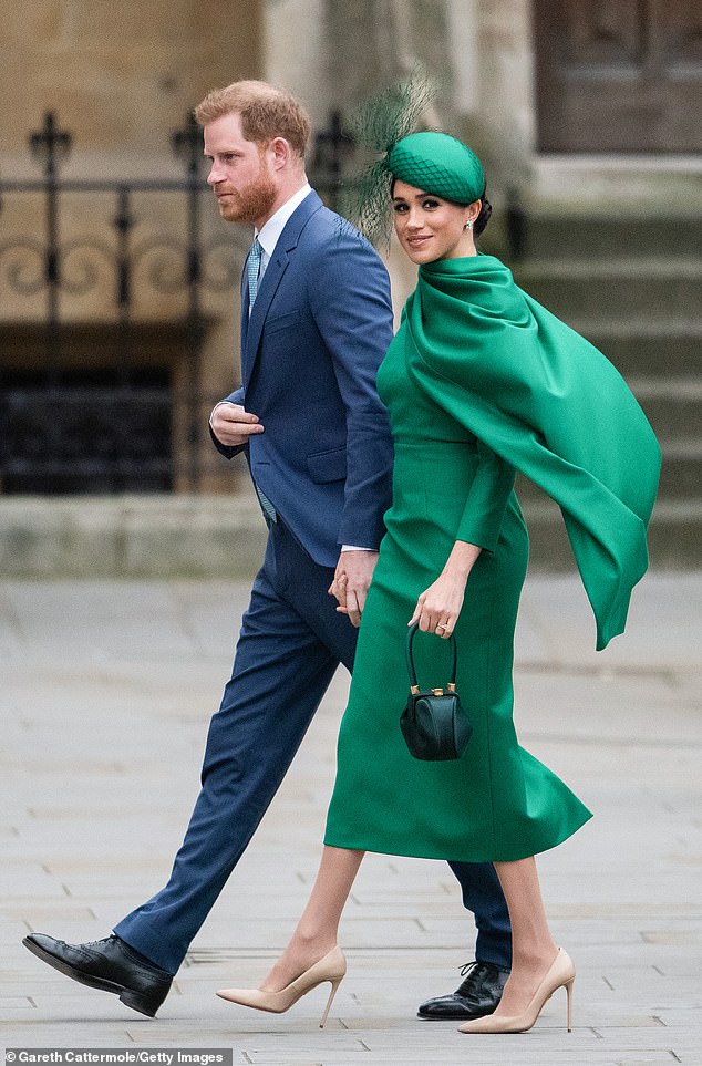 She also turned to Emilia Wickstead for the last outfit she wore as a working royal - an emerald green dress with a dramatic asymmetric cape