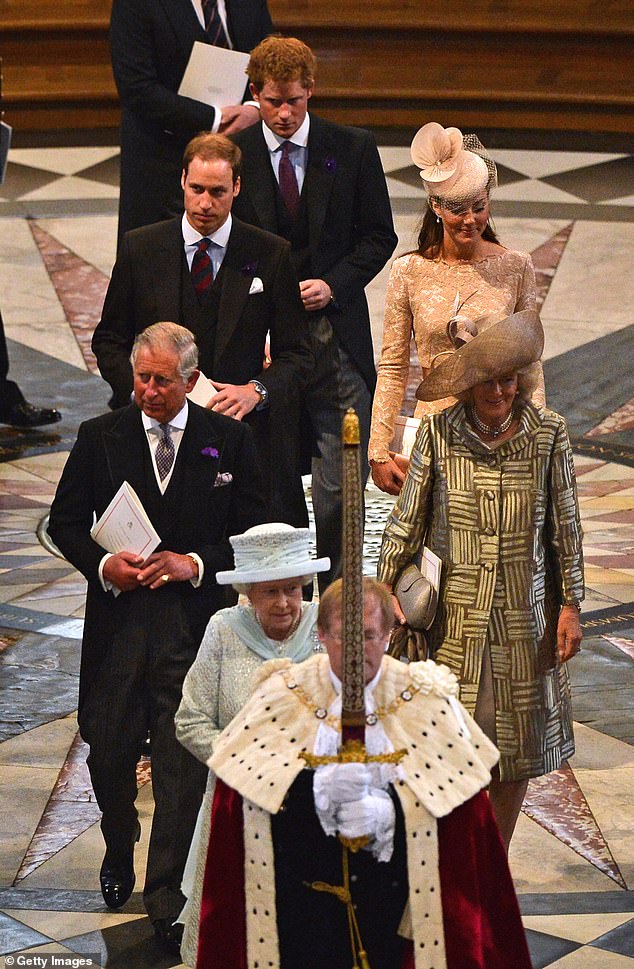 Prince Harry pictured with Prince William, Kate, his father, King Charles, Queen Camilla and the late Queen Elizabeth II in June 2012 in London