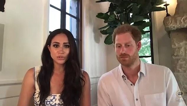 The magazine revealed various features of the property - including the two connected palm trees in the garden, which the Duke of Sussex (pictured right at his home), 37, refers to as himself and Meghan