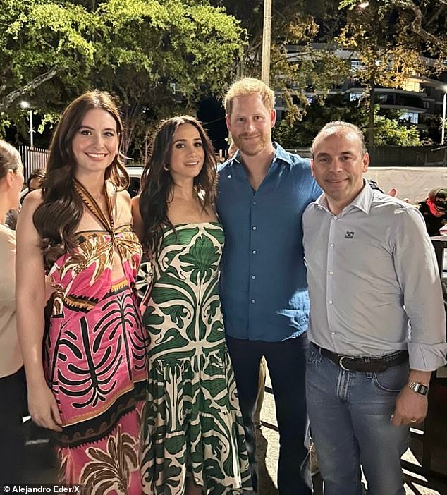 In a separate post, Colombian politician Alejandro Eder, who joined the Sussexes on stage, shared a picture of them with him and his actress wife, Taliana Vargas