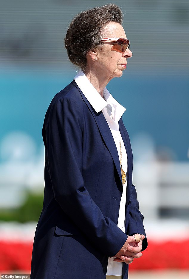 Princess Anne wearing the Team GB shades during the medal ceremony for the Eventing Team final at this year's Olympics in Paris