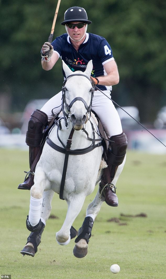 William playing in another polo match in 2017, wearing different sporty sunglasses