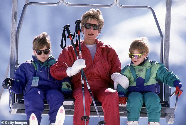 Princess Diana, with her sons, wearing a pair of dark, rectangle shades to help shield her eyes from the bright white snow in Lech, Austria, in 1991. Harry wore a pair of sporty shades, while William's glasses were more rounded