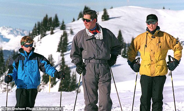 Prince Charles, with William and Harry, wearing a pair of red, yellow, white and blue frames during a ski trip in Switzerland in 1996