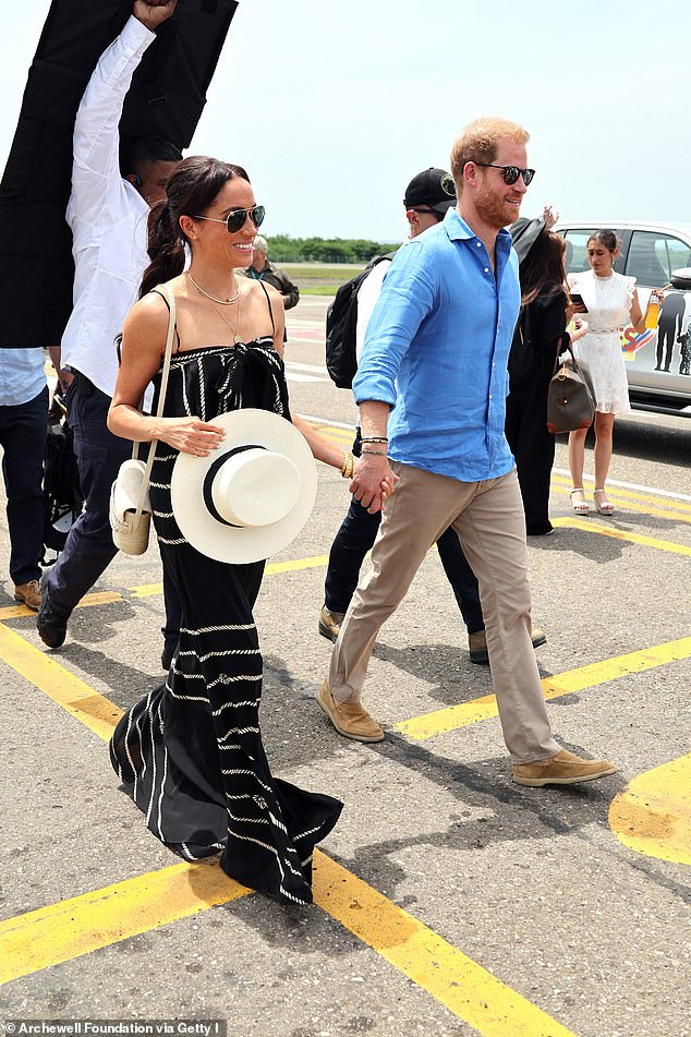 Meghan Markle was a marvel in monochrome as she arrived in Cartagena with Prince Harry on the third day of their tour of Colombia