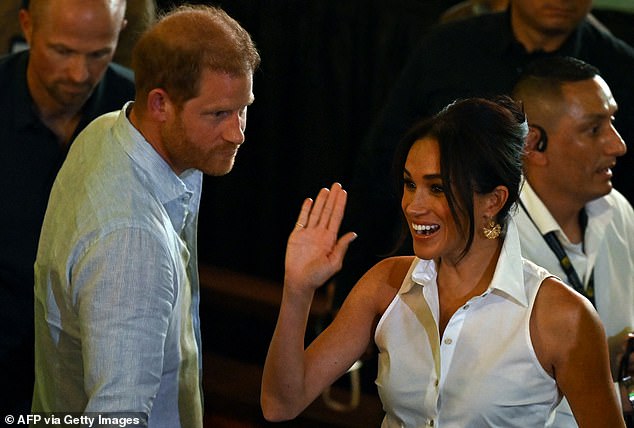 Prince Harry chose a pale blue linen shirt for the final day of the Sussexes tour of Colombia