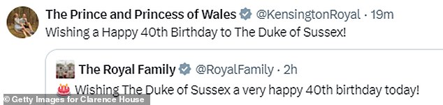 Prince Harry also received a surprise birthday message from Prince William and Kate just a few hours after the King and Queen posted the message