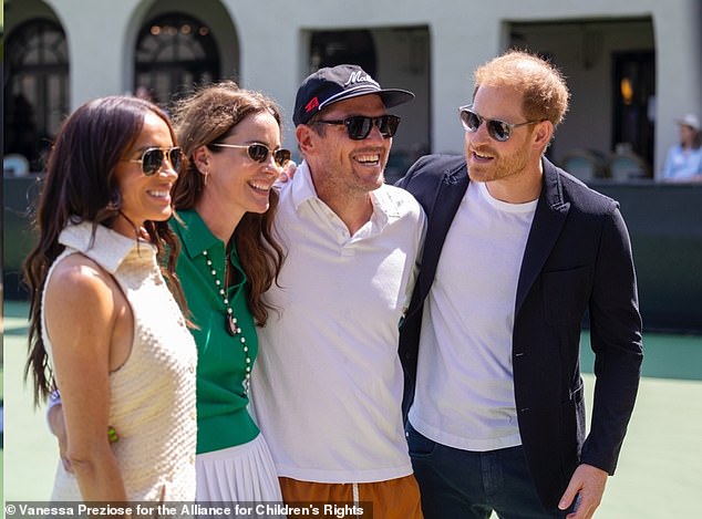 (From left) Meghan Markle, Kelly McKee Zajfen, her husband Julian and Prince Harry attended the George Zajfen Tennis Tournament in Los Angeles on Saturday, a day before the Duke's birthday