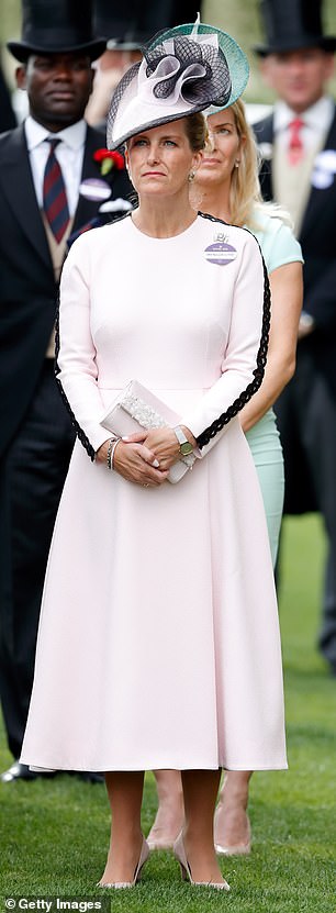 On day one of Royal Ascot in 2018, Sophie, Duchess of Edinburgh, wore a pastel pink frock by Emilia Wickstead, topped with a hat from Jane Taylor