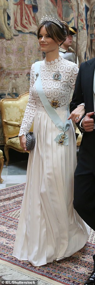 Three years later, Princess Sofia of Sweden wore the same dress, styled with a sash and broaches, for a State Banquet