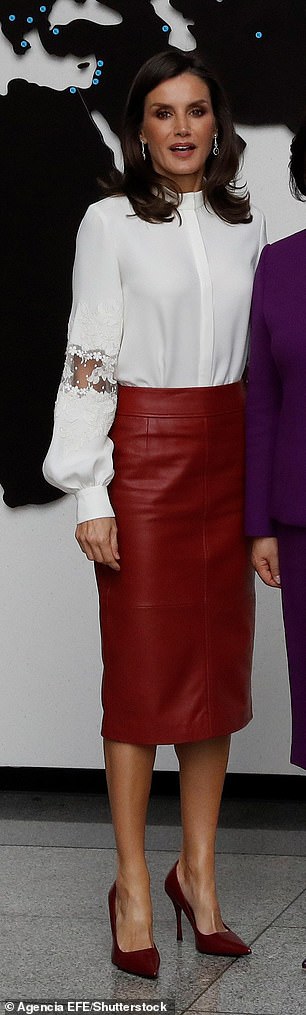 The day before, Queen Letizia of Spain offered own fashionable take on royal protocol by pairing the same leather skirt with a blouse from Carolina Herrera