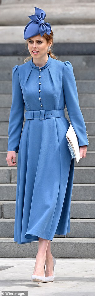 For the service of thanksgiving for the Queen at St Paul's Cathedral during the monarch's Platinum Jubilee celebrations in June 2022, Princess Beatrice chose the sky blue Ahana dress by Beulah London