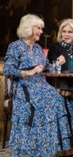 Queen Camilla looked elegant in ME+EM's Flower Field dress at a recording session for The Commonwealth Poetry Podcast in 2022