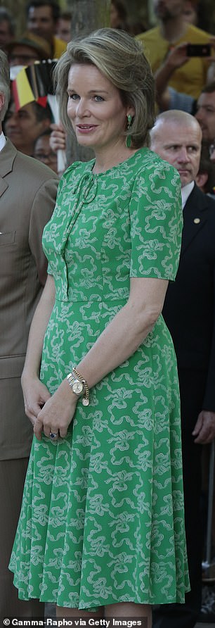 Queen Mathilde of Belgium chose the abstract-print midi dress for a National Day event the following month