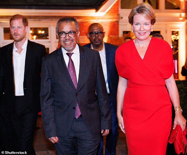 Harry is seen her with the head of the World Health Organization Dr. Tedros Adhanom Ghebreyesus, along with Actor Whitaker and Queen Mathilde