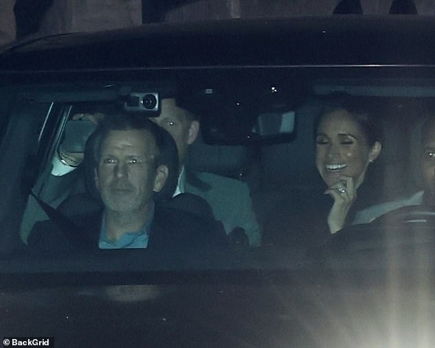 Prince Harry and a smiling Meghan Markle are seen leaving a 'double birthday' event, held for their friend Tyler Perry, the night before the Prince's own 40th birthday earlier this month