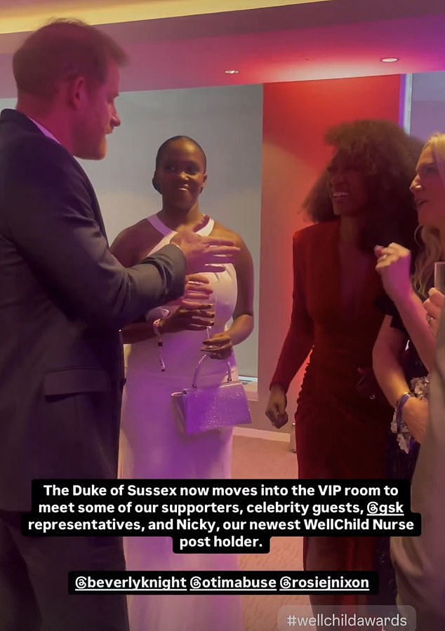 Prince Harry chatting with Beverly Knight and Oti Mabuse in the VIP room after the Wellchild awards