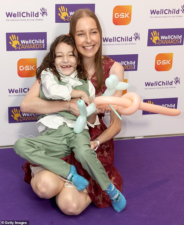 Noah Nicholson (pictured) attends the Wellchild Awards 2024 with his mother at the Royal Lancaster Hotel today