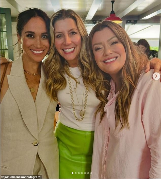 American entrepreneur, investor, and media personality Jamie Kern Lima (pictured right) poses with Meghan Markle (pictured left) and Spanx founder Sara Blakely (pictured centre)