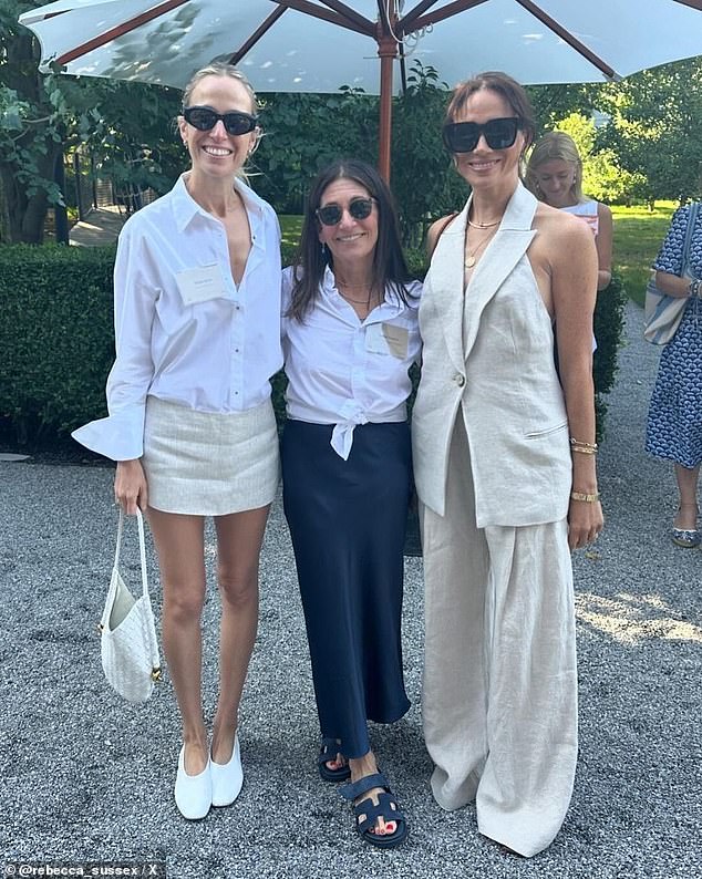 The Duchess of Sussex, who was seen alongside designer Misha Nonoo and cosmetics owner Bobbi Brown, wore a vest and trousers combination by St. Agni