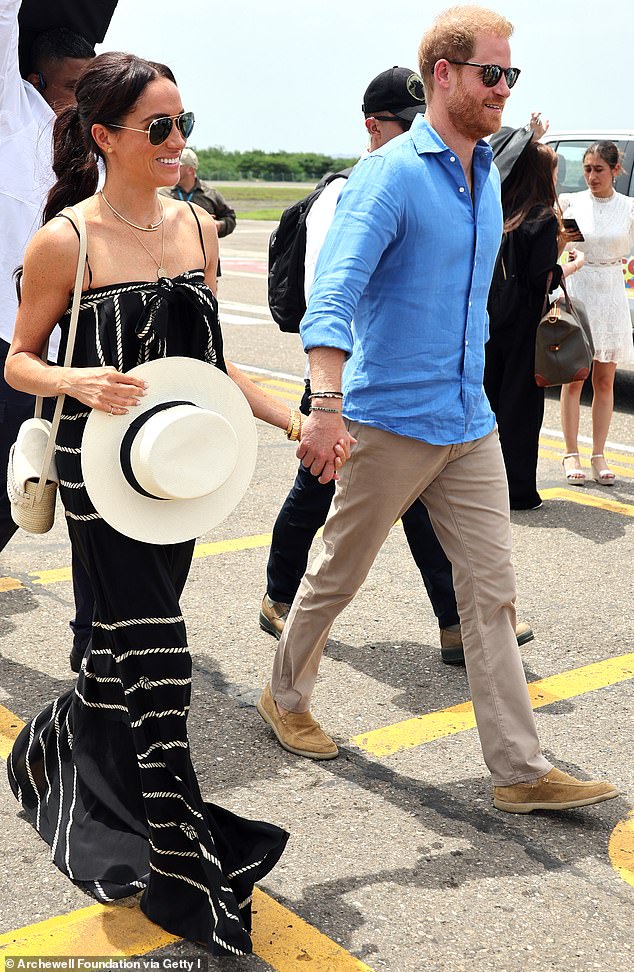 Meghan Markle is pictured with Prince Harry during their recent trip to Colombia. She is seen sporting a handbag from Cesta Collective, a brand she has invested in