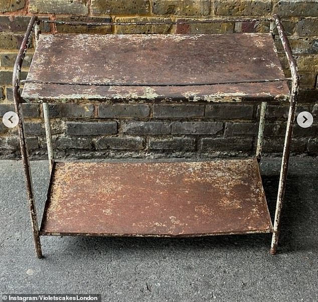 Seen better days chic? Amongst the furniture on sale at Claire Ptak's Violet Bakery in East London is what's described as a 'vintage French potting table' (pictured), with the bowed and rusty table listed at £400