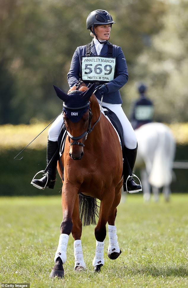 Zara Tindall warms up on her horse High Kingdom before competing in the dressage phase of the Whatley Manor Horse Trials at Gatcombe Park on September 7, 2018