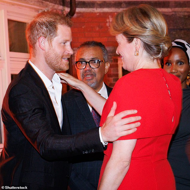 Prince Harry is seen greeting Queen Mathilde of Belgium during a high-level dinner on 'Violence against children and its impact on mental health' in New York City with WHO director-general Dr. Tedros Adhanom Ghebreyesus in the background