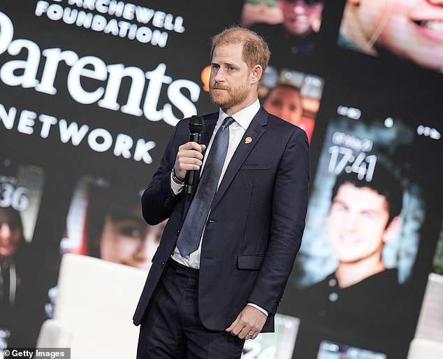 The Duke of Sussex looked solemn in front of photos of young people shown as images on mobile phone lock screens who had lost their lives due to social media