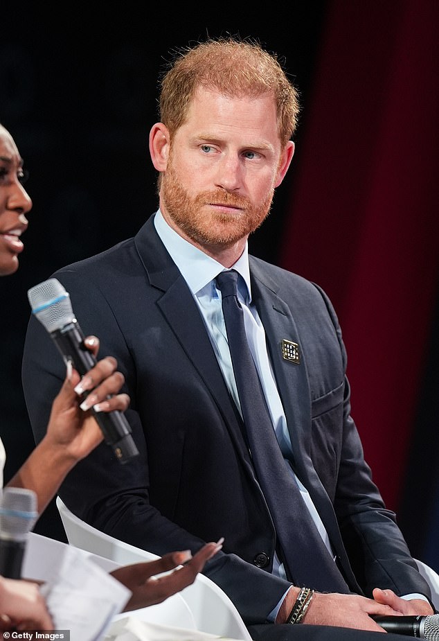 The Prince appeared on stage in New York today without his wife Meghan Markle, to discuss mental health and climate change with two young winners of a legacy award given in Princess Diana 's memory - but much was made about his fidgety behaviour