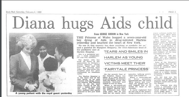 A clipping from February 4 about Diana hugging a child with AIDS at Harlem Hospital during her solo trip