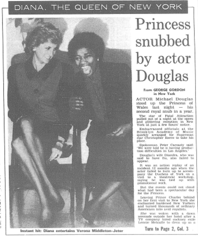 The front page of the Daily Mail on February 3 reports how Diana was snubbed by Michael Douglas