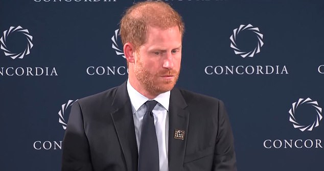 Prince Harry on stage in New York to discuss mental health with two young winners of an award in his mother's memory.