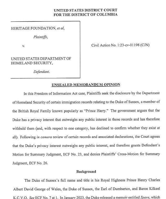 In a court decision handed down on Monday, US District Judge Carl Nichols said the court agrees that Prince Harry's 'privacy interest outweighs any public interest'