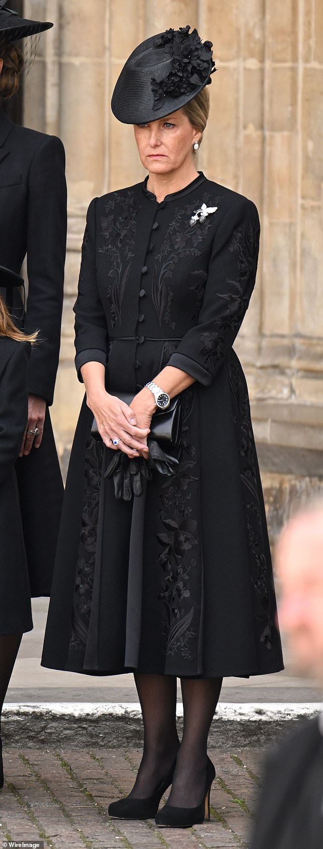 Sophie, Duchess of Edinburgh, wore a Suzannah London dress, embroidered with lily of the valley, the late monarch's favourite flower, as well as blooms that she carried in her wedding bouquet in 1947