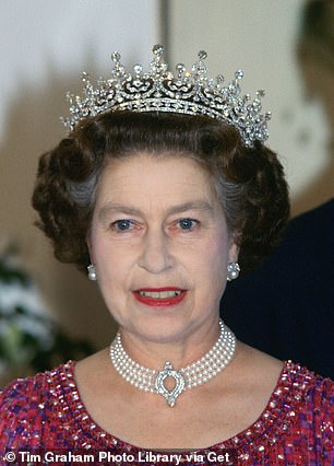 Queen Elizabeth  wears a four strand diamond and pearl choker to an engagement in Bangladesh in 1983