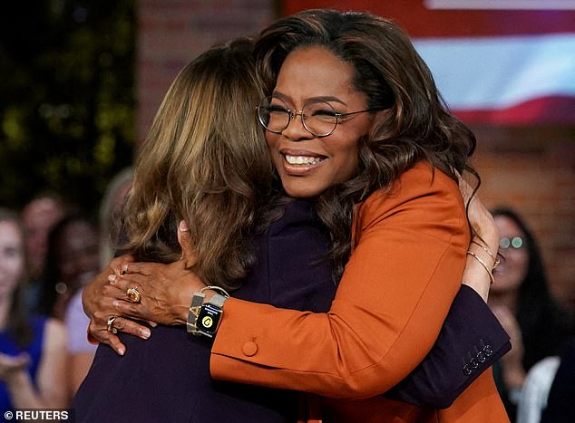 Oprah Winfrey greets Democratic presidential nominee and U.S. Vice President Kamala Harris