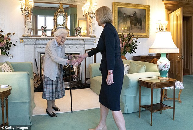 Her Late Majesty the Queen wearing a tartan skirt as she greets incoming prime minister Liz Truss at Balmoral on September 6, 2022. She passed away two days later