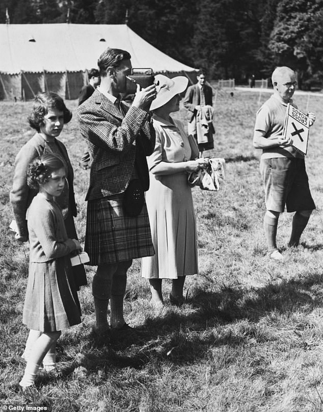 King George VI was apparently not a fan of wearing a kilt, but did still wear one on occasioin. Above: King George standing wearing a kilt alongside his daughters and wife Elizabeth at Abergeldie Castle near Balmoral, August 1939