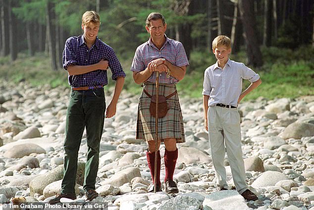 Prince Charles wearing a tartan kilt with his sons Prince William and Prince Harry, by the River Dee, August 1997