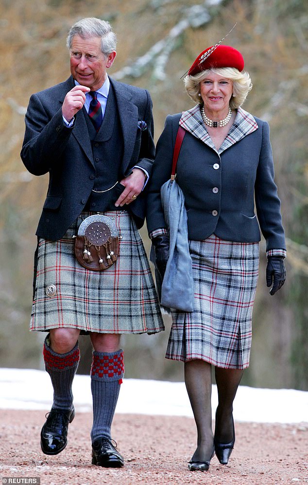 In Scotland, Charles was the Duke of Rothesay before becoming King and now Prince William holds the title. Above: Charles in a Balmoral Tartan kilt alongside Camilla in a matching skirt leaving Crathie Church near Balmoral on their first wedding anniversary in 2006