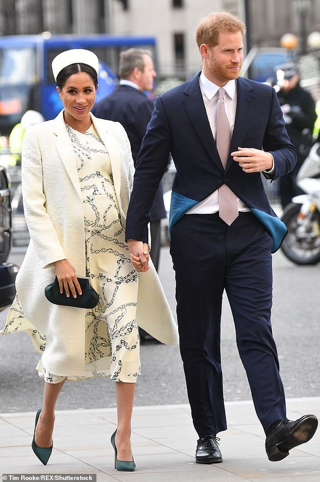 Victoria Beckham produced a custom-made white coat and dress for Meghan in 2020 which she wore during her last appearance at Westminster Abbey in March that year (pictured)