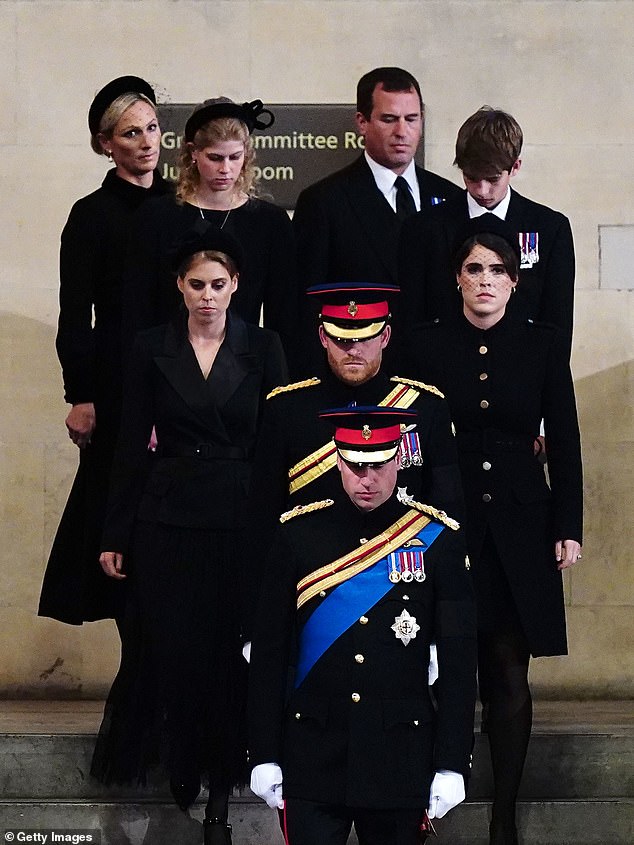 Pictured: Prince William, Prince Harry, Princess Eugenie, Princess Beatrice, Peter Phillips, Zara Tindall, Lady Louise Windsor and James, Viscount Severn arrive to hold a vigil in honour of Queen Elizabeth II at Westminster Hall on September 17, 2022