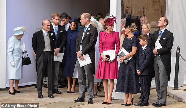 The Queen, Prince Philip, Harry, Meghan, Prince William, Princess Kate, Sophie Countess of Wessex, James Viscount Severn and Prince Edward at the wedding