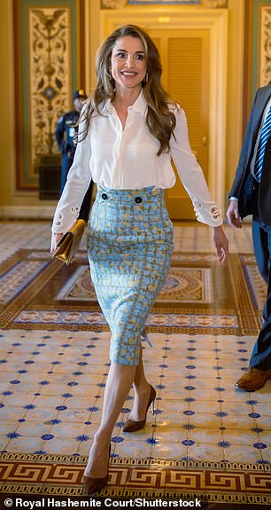 Queen Rania of Jordan wore a Dior pencil skirt while visiting Washington in February 2023